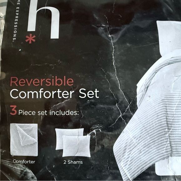 Home Expressions King Reversible Comforter Set 3pc Heathered Striped Bedding New - Picture 4 of 6